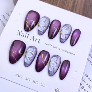 10Pcs Handmade Purple Cats Eye 3D Flowers Press on Nails Full Cover Almond False Nails Metals Design Wearable Manicure Tips