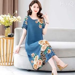 Váy đầm trung niên nữ dáng dài nhiều họa tiết V18 áo đầm kiểu thời trang mùa hè thu đông xuân mặc nhà đi chơi cho mẹ cho bà cho người lớn tuổi trung tuổi dài qua gối U40 U50 U60 U70 giá rẻ đẹp Bigsize người mập cỡ lớn