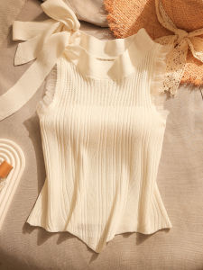 Summer Ice Silk Knitted Strap Vest Belt Design Sleeveless Butterfly Knot Short Style Slimming Top Womens Fashion Trend