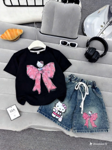 Quần áo bé gái set áo thun cotton họa tiết nơ dể thương phối quần đùi jean năng động size từ 15-38kg