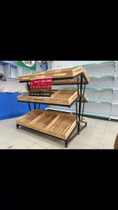 Kệ trưng bày rau củ quả Mâm gỗ cao su ( Cao 1m2 X Dài ̣90cm) X 3 Tầng