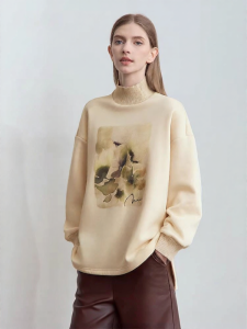 AMII | Winter Warm Turtleneck Printed Pattern Drop Shoulder Loose Fleece Womens Sweatshirt