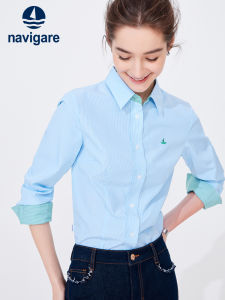 Navigare | Elegant Fitted Blue Striped Long Sleeve Blouse