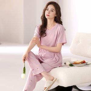 Womens Modal Sleepwear Short Sleeve Long Pants Home Clothes Thin Summer Air Conditioner Suit Set Comfortable Breathable