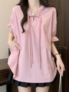 Pink Chinese Style Short Sleeve Shirt Women Summer Loose plus Size Conceal Belly Hooded Base Layer Top Flowing Button Disk Button