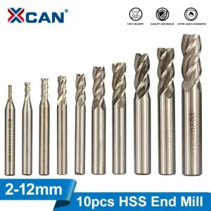 XCAN HSS Milling Cutter 4 Flute End Mill 10pcs 2-12mm for CNC Machine Milling Tools Router Bit Metal Cutter Aluminum Milling Bit