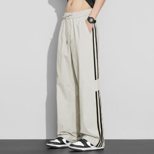 Thin Straight Leg Casual Pants with Three Stripes Drawstring