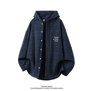 TUCANO | Embroidered Plaid Long Sleeve Hooded Shirt Loose Fit