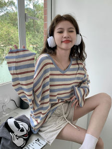 Loose Fit V-Neck Long Sleeve T-Shirt Knitwear Womens Autumn 2025 New Style Comfortable Lazy Style Striped Color Block Top