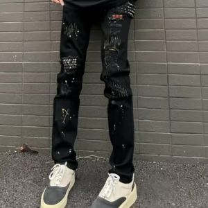 Korean Black Embroidered Denim Pants Spring and Autumn Ripped Printing High Waist Versatile Denim Slim Mens Trend Trousers