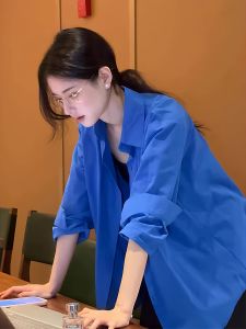 Klein Blue Womens Open Cardigan Shirt Outerwear Loose Casual Commute Sun Protection New Early Autumn Style Long Sleeve Polo Collar