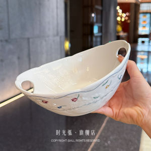 Designer Style Ceramic Salad Bowl with Handles French Floral Patterned Storage Basket round Shape Dining Utensils Dishware