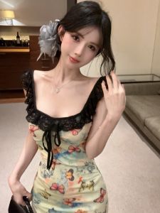 GUZILIAN | French Butterfly Knot Lace Strap Dress Summer Beach Vacation Floral Skirt Sleeveless Slim Fit Long Dress High Waist A-Line Skirt
