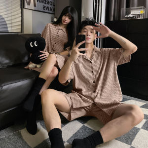 Breathable Cotton Couple Pajamas Set Summer Short Sleeve Open Front Wide Loose Home Clothes for Men and Women