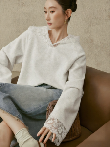 SUSHE | Lace Insert Raglan Hoodie Sweatshirt