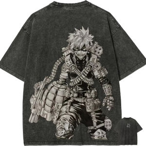Bandai | Katsuki Bakugo T Shirt My Hero Academia Men Acid Wash Anime Dynamite Graphic Cotton Streetwear Explosion Manga Vintage Tee