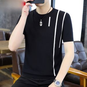 HENGYUANXIANG | Áo thun nam cổ tròn tay ngắn dệt kim lụa băng thoáng khí thường ngày mùa hè Áo thun nam tay lửng sọc thời trang