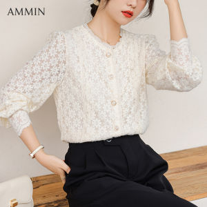 Ammin 2023 mùa thu mới đơn giản rỗng ren ren đứng cổ áo thời trang tinh tế nút ngọc trai Một hàng khuy thêu ren hoa áo sơ mi nữ phong cách Hàn Quốc ngọt ngào tay áo dài tay áo Áo Blouse thanh lịch