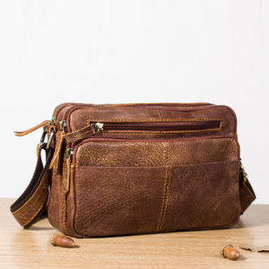 กระเป๋าสะพายข้างหนังแท้สไตล์ลำลองมือทำ ผิวหยัก ซิปหลายชั้น กระเป๋าสะพายข้างขนาดเล็กสำหรับผู้ชาย กระเป๋าสะพายข้างหนังวัวชั้นบน