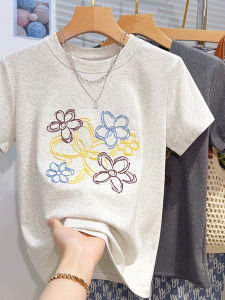 Floral Letter Embroidery Short Sleeve T-Shirt Womens Loose Fit Summer Vintage National Trend Cotton Comfortable Top