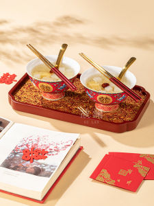 Wedding Gift Set Enamelware Red Lacquerware Couple Bowls Ceramic Dining Utensils Chinese Style round Shape Floral Pattern