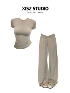 American Style Spicy Girl Elastic Slim Fit round Neck Short Sleeve T-Shirt Women Summer Loose High Waist Slimming Sporty Sweatpants Set