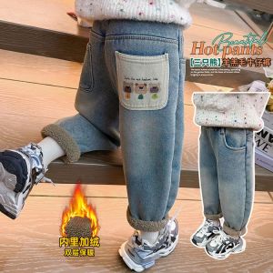 Thickened Long Plush Casual Denim Pants Winter Warm Childrens Trousers for Girls Cartoon Design Non-Breathable Elastic Waist