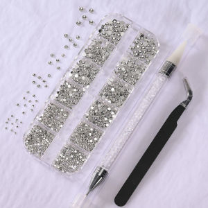 12Grids 3D White Nail Art Rhinestones&2Tools Mixed-Sizes Flatback Round Glass Diamond Nail Charms DIY Crafts Manicure Accessory