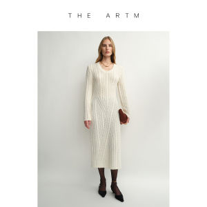 Textured Alpaca Wool Dress White U-neck Knit Slim Fit Autumn Winter