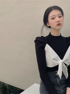 Thickened Fleece Long Sleeve Womens T-shirt Butterfly Knot Belt Fashionable Spring Autumn Double-sided Velvet Top