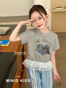 Mini Girls Short Sleeve T-Shirt Lace Patchwork Design Summer New Korean Style Childrens Clothing Soft Fabric round Neck Cartoon Pattern