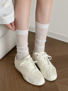 Womens Mid-Calf Breathable Socks Thin Candy Color Stripe Design Summer Thin JK Socks 5 Pairs Pack Miu Ballet Style