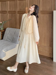 Romantic Soft Style Dress Set Womens Autumn New Layering Tassel Vest Two-Piece Set Light Beige Casual Loose Fit Long Sleeve