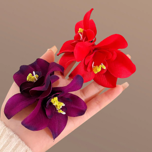 Side Hairpin Red Bauhinia Flower Straight Clip Seaside Holiday Essential Sweet Duckbill Clip Female Double Flower Hairpin
