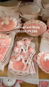 Bộ Bát Đĩa Gốm Sứ Decor Bát Ăn Cơm Bát Ăn Chè Chén Dĩa Dễ Thương Sét Bát Đĩa Thỏ Ôm Dâu Hồng Mẫu Mới...