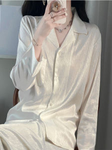 Silk Sleepwear Womens Autumn New Fashion Trend Silk Thin Long Sleeve Long Pants Home Clothes Set Simple Style Button Decoration Casual Scene