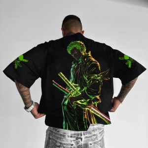 One Piece Luffy Printed Cotton Short-sleeved American Loose Mens and Womens Summer Breathable Sports Round-neck T-shirt