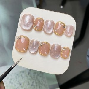 Handmade Cats Eye Crystal Short Nail Art Convenient Detachable Reusable Daily Versatile Wearable False Nails Chinese Brand