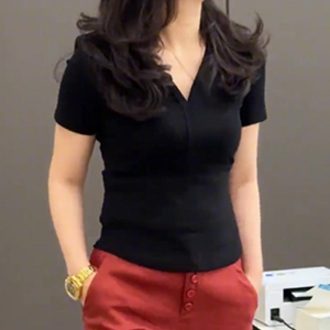 Shalldoer | Summer New Simple Pure Color V-Neck T-Shirt and Red Straight Leg Leisure Pants Two-Piece Set