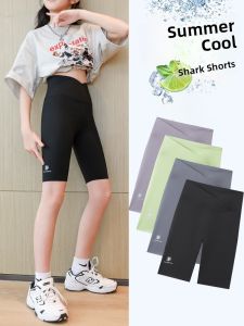 Childrens Summer Safety Sharkskin Pants Five-Quarter Length High-Waisted Blend Fabric Breathable Outerwear for Big Kids