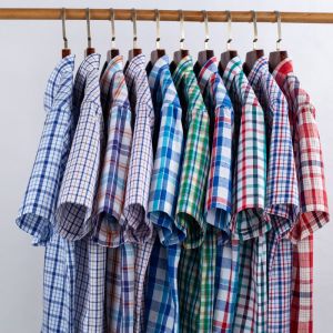 Paul Summer Young and Middle-Aged Cotton Short Sleeve Plaid Shirt Mens Thin Loose All Cotton XL Dad Shirt