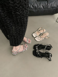 French Style Silver Rhinestone mid Heel Sandals Fairy Shoes New 2025 Summer Matching Skirts Beach Vacation Roman Shoes