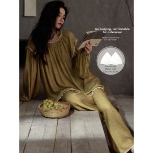 Padded Bra Sleeved Pants Loose Crewneck Sleepwear