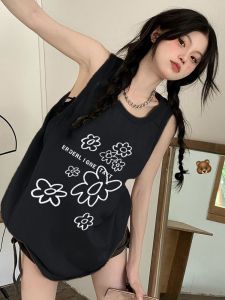 Pure Cotton Sleeveless Tank Top Womens Loose Fit Comfortable Style Summer Outwear Printed Asymmetric Commute Style Casual Loose Shirt