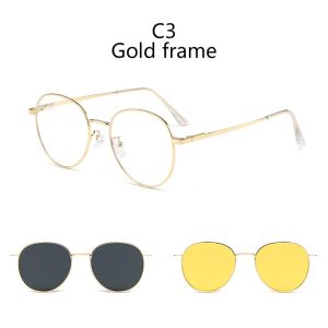 Roud Frame Polarized Sunglasses Magnetic With 2 Clips On Glasses Metal Frame Legs Optical Eyeglass Magnet Eyeglasses 3 IN 1