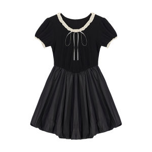 Black A-Line Dress Womens plus Size Bubble Sleeve Waist Cinching Slimming Short Skirt Princess Style Lace Splicing High Waist