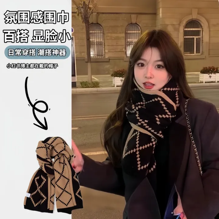 Khăn Choàng Len Dệt Kim Kẻ Caro Ấm Áp Cho Nữ Mùa Đông Phong Cách Hàn ...