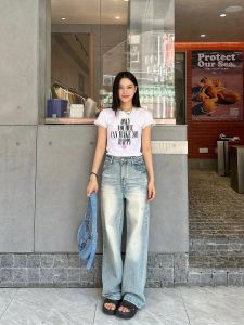 Light Blue High Waist Wide Leg Jeans Womens Spring Summer Straight Cut Loose Fit Floor Length Trousers Washed Denim Pants