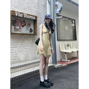 Yellow V-neck Short Sleeve Floral Print Mini Dress High Waist A-line Korean Style Dress Seven Seven Feather Commuter Dress