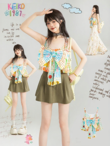 KEIKO | Tank Top Summer Graffiti Plaid Print Crop Tied Shirt